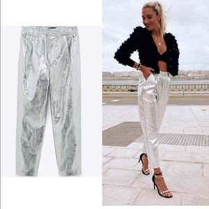 NWOT Zara Blogger Favorite Silver Metallic High Waisted Jogger Trousers Medium